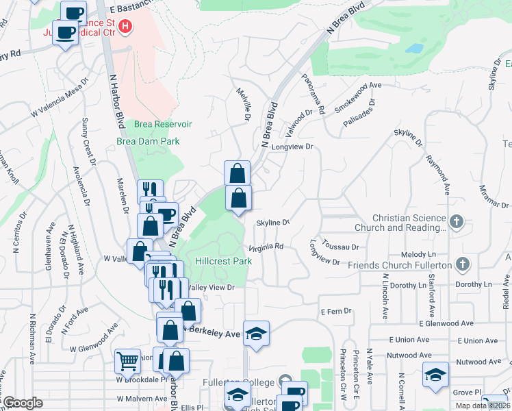 map of restaurants, bars, coffee shops, grocery stores, and more near 1354 Shadow Lane in Fullerton