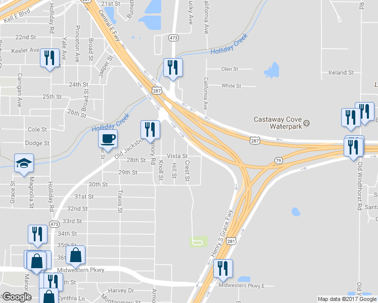 map of restaurants, bars, coffee shops, grocery stores, and more near 2821 Crest Street in Wichita Falls