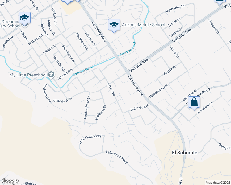 map of restaurants, bars, coffee shops, grocery stores, and more near 2610 Old Windmill Court in Riverside