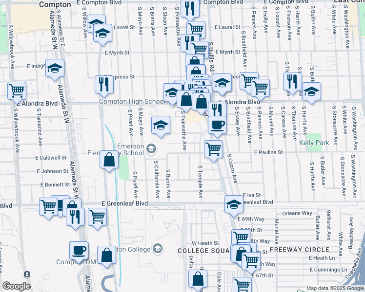 map of restaurants, bars, coffee shops, grocery stores, and more near 1212 East Marcelle Street in Compton