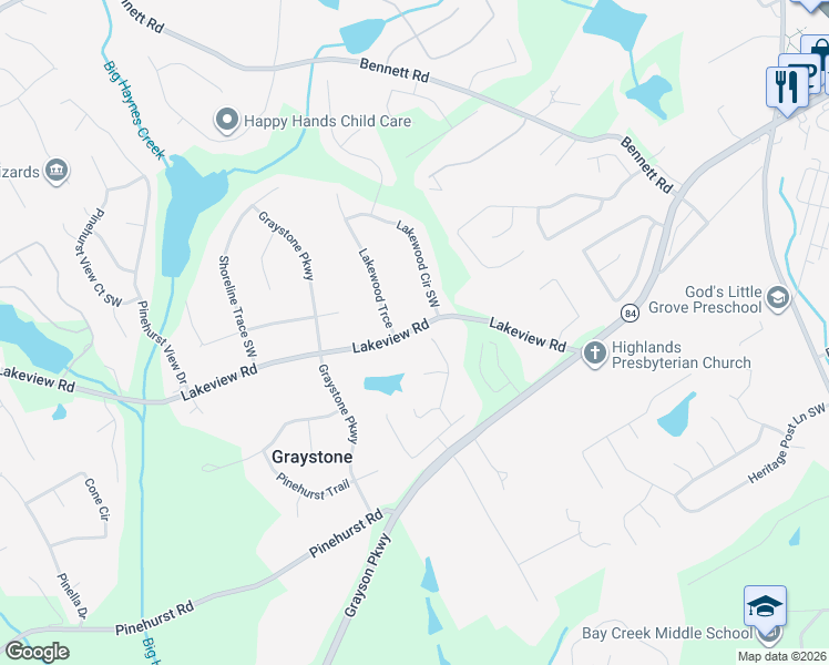 map of restaurants, bars, coffee shops, grocery stores, and more near 986 Lakeview Road in Grayson