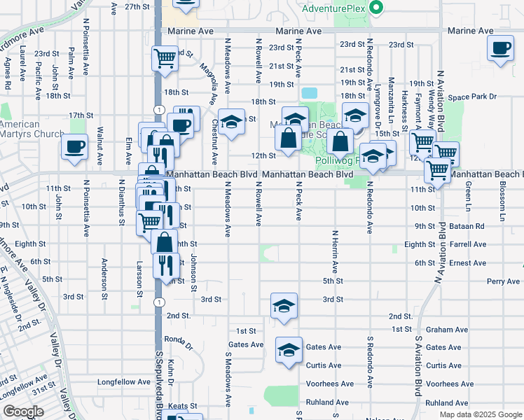 map of restaurants, bars, coffee shops, grocery stores, and more near 1421 9th Street in Manhattan Beach