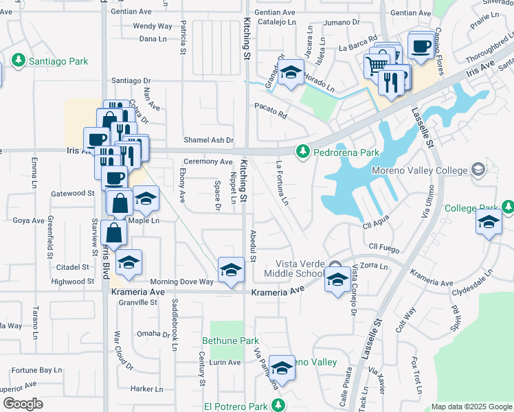map of restaurants, bars, coffee shops, grocery stores, and more near 25574 Callita Street in Moreno Valley