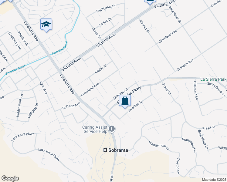 map of restaurants, bars, coffee shops, grocery stores, and more near 2352 Keusder Way in Riverside