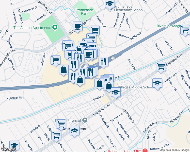 map of restaurants, bars, coffee shops, grocery stores, and more near North McKinley Street in Corona
