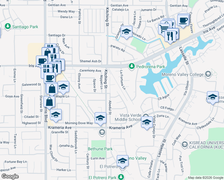 map of restaurants, bars, coffee shops, grocery stores, and more near 25574 Callita Street in Moreno Valley