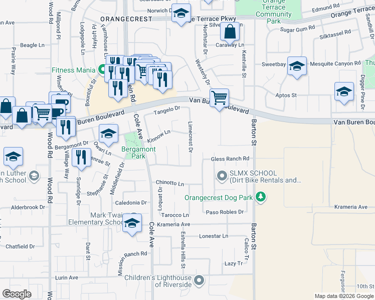 map of restaurants, bars, coffee shops, grocery stores, and more near 9157 Limecrest Drive in Riverside