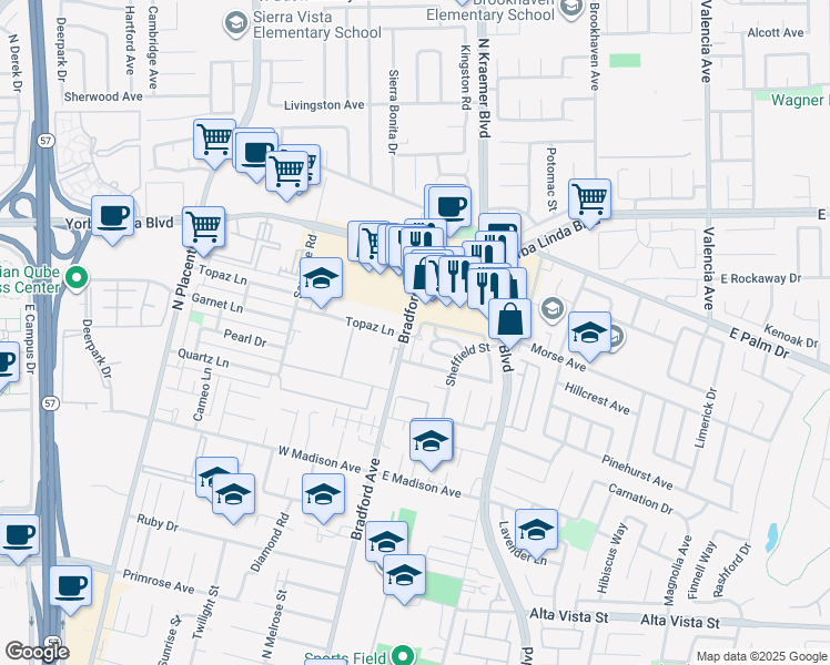 map of restaurants, bars, coffee shops, grocery stores, and more near 154 York Drive in Placentia