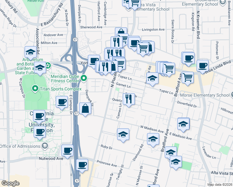 map of restaurants, bars, coffee shops, grocery stores, and more near 3101 Quartz Lane in Fullerton