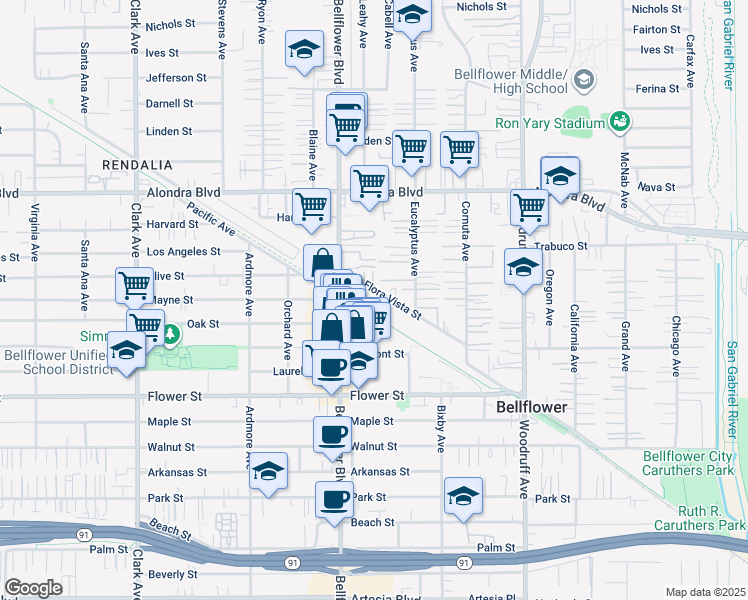 map of restaurants, bars, coffee shops, grocery stores, and more near 9924 Flora Vista Street in Bellflower