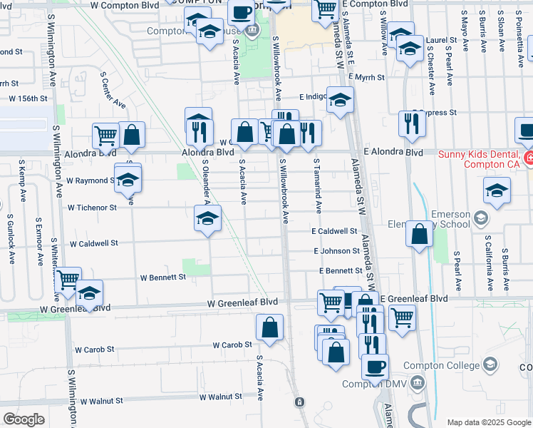 map of restaurants, bars, coffee shops, grocery stores, and more near 1205 South Willowbrook Avenue in Compton