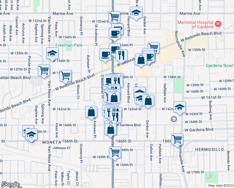 map of restaurants, bars, coffee shops, grocery stores, and more near 16020 South Western Avenue in Gardena