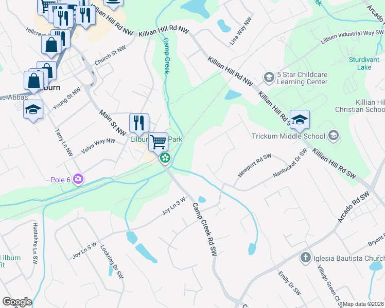 map of restaurants, bars, coffee shops, grocery stores, and more near 4730 Bryson Cove Southwest in Lilburn