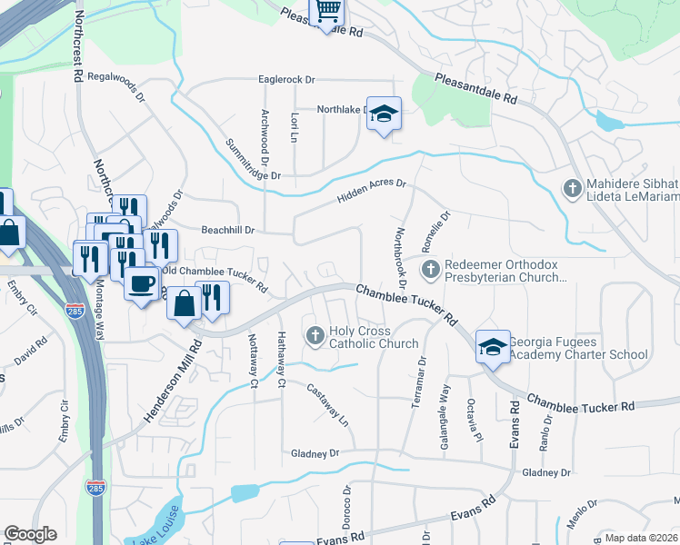 map of restaurants, bars, coffee shops, grocery stores, and more near 3271 Hampton Green Way in Atlanta