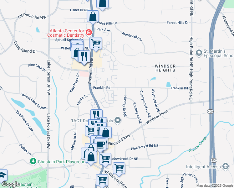 map of restaurants, bars, coffee shops, grocery stores, and more near 4355 Parkside Place in Atlanta