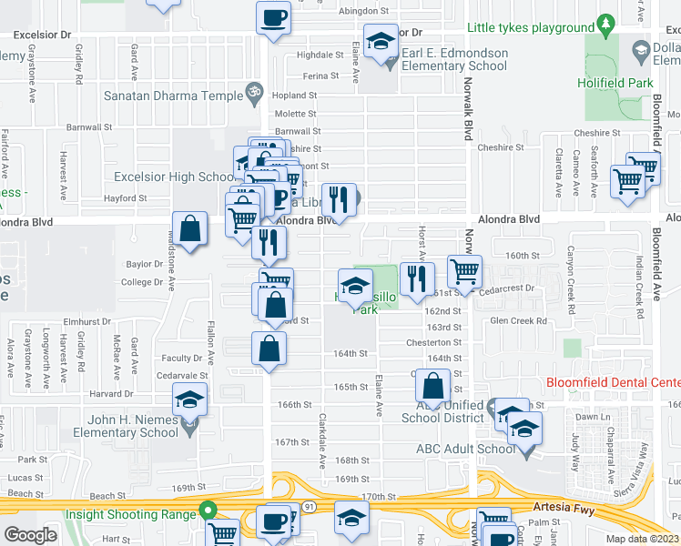 map of restaurants, bars, coffee shops, grocery stores, and more near 11924 Algardi Street in Norwalk
