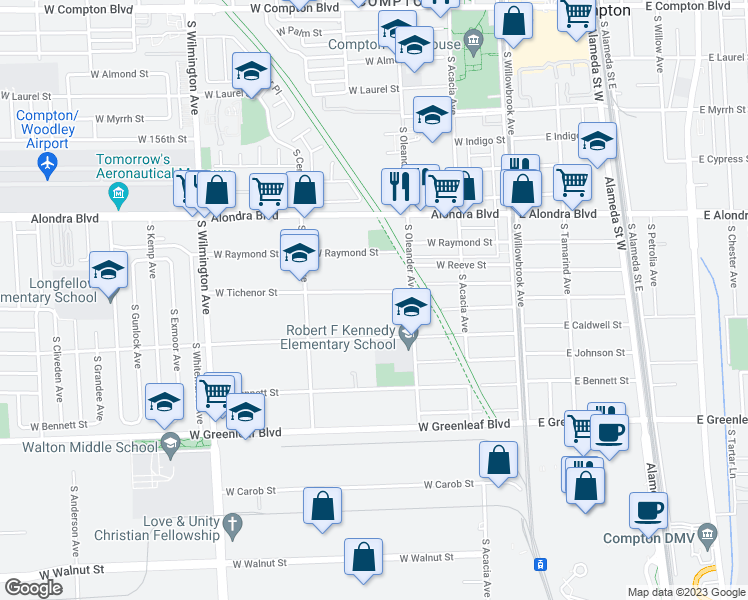 map of restaurants, bars, coffee shops, grocery stores, and more near 436 West Tichenor Street in Compton