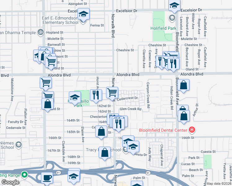 map of restaurants, bars, coffee shops, grocery stores, and more near 16044 Timberhill Lane in Cerritos
