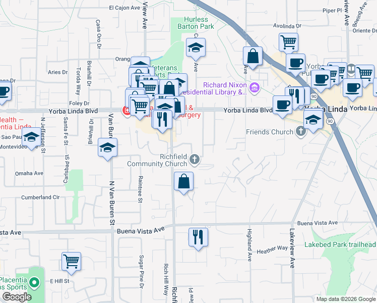 map of restaurants, bars, coffee shops, grocery stores, and more near 17692 Calgary Avenue in Yorba Linda