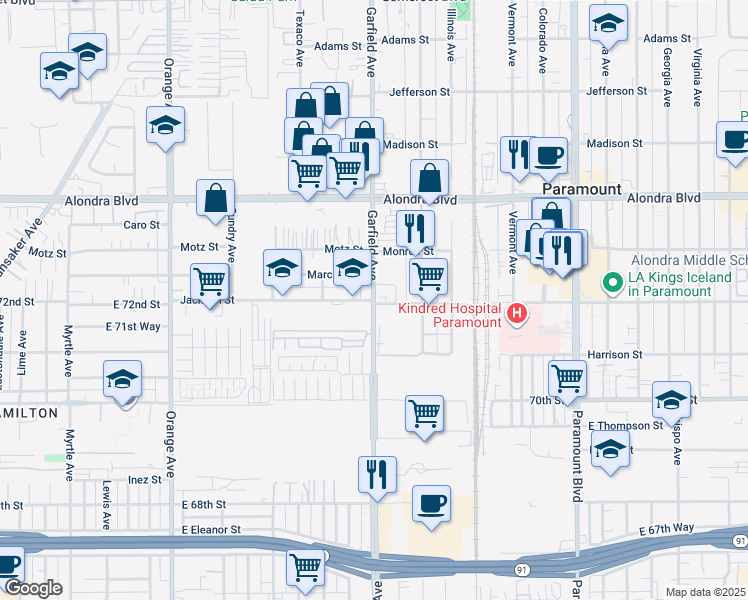map of restaurants, bars, coffee shops, grocery stores, and more near in Paramount