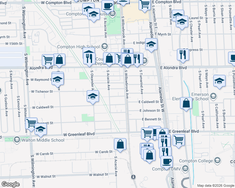 map of restaurants, bars, coffee shops, grocery stores, and more near 125 West Tichenor Street in Compton