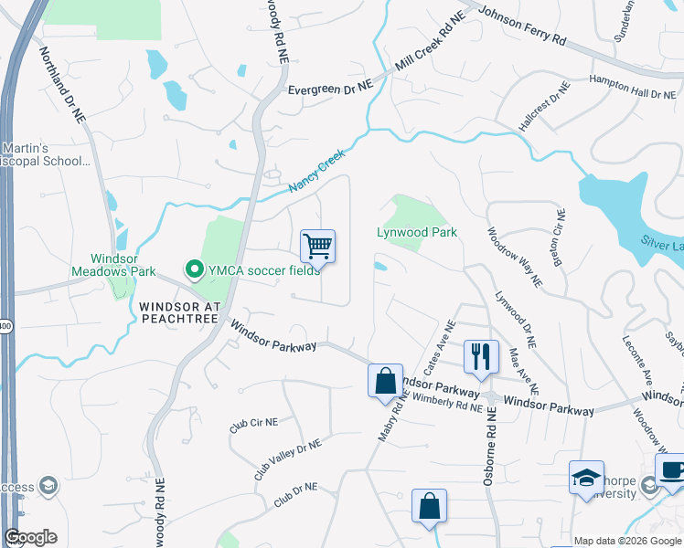 map of restaurants, bars, coffee shops, grocery stores, and more near 1230 Old Woodbine Road Northeast in Atlanta