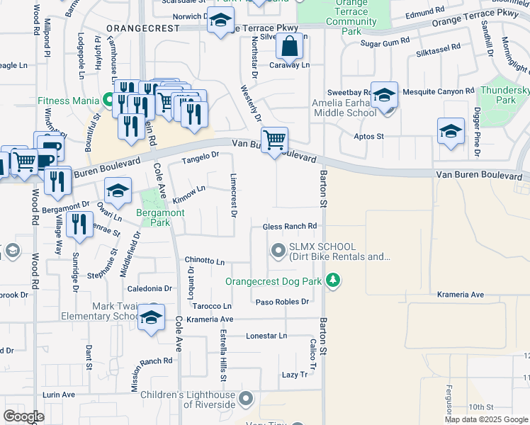 map of restaurants, bars, coffee shops, grocery stores, and more near 9123 San Luis Obispo Lane in Riverside