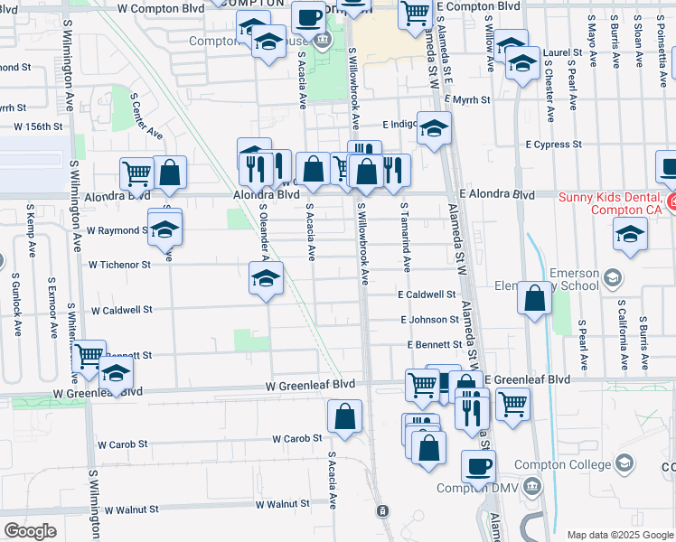 map of restaurants, bars, coffee shops, grocery stores, and more near 125 West Tichenor Street in Compton