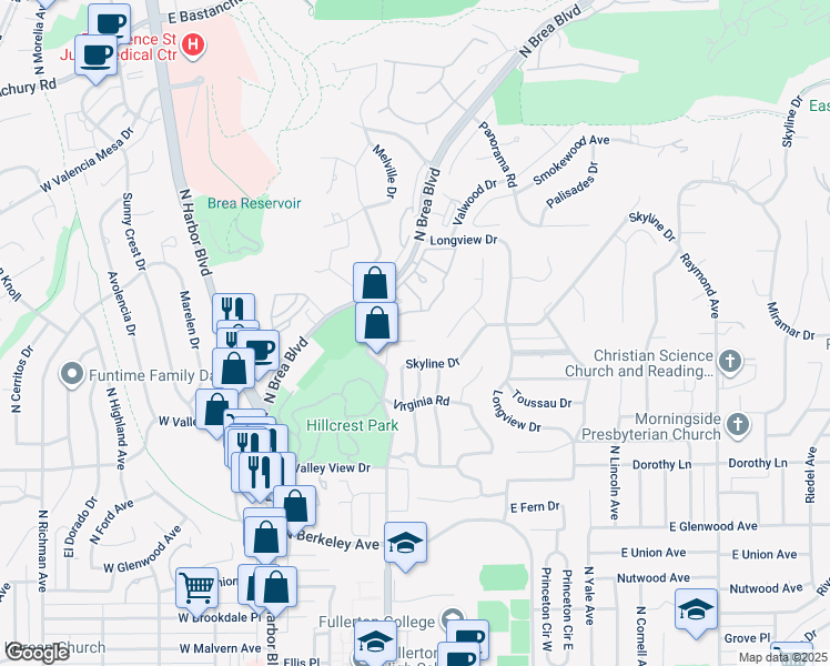 map of restaurants, bars, coffee shops, grocery stores, and more near 1349 Shadow Lane in Fullerton