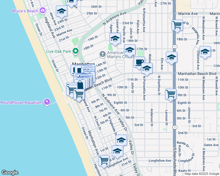 map of restaurants, bars, coffee shops, grocery stores, and more near 644 11th Street in Manhattan Beach