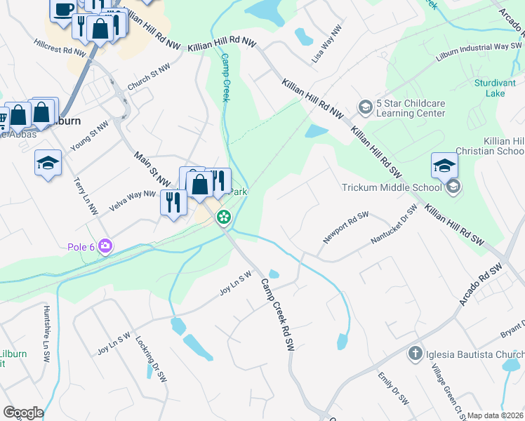 map of restaurants, bars, coffee shops, grocery stores, and more near 4730 Bryson Cove SW in Lilburn