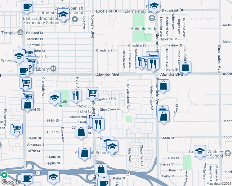 map of restaurants, bars, coffee shops, grocery stores, and more near 16023 Clearbrook Lane in Cerritos