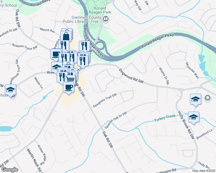 map of restaurants, bars, coffee shops, grocery stores, and more near 3060 Dominion Walk Lane in Snellville