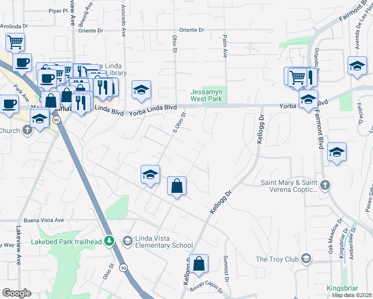 map of restaurants, bars, coffee shops, grocery stores, and more near 5245 Grandview Avenue in Yorba Linda