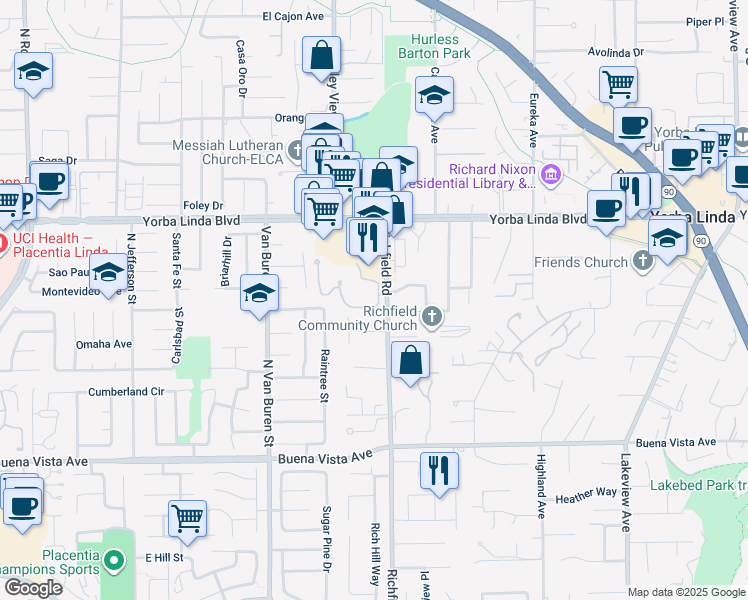 map of restaurants, bars, coffee shops, grocery stores, and more near 17589 Cerro Vista Drive in Yorba Linda