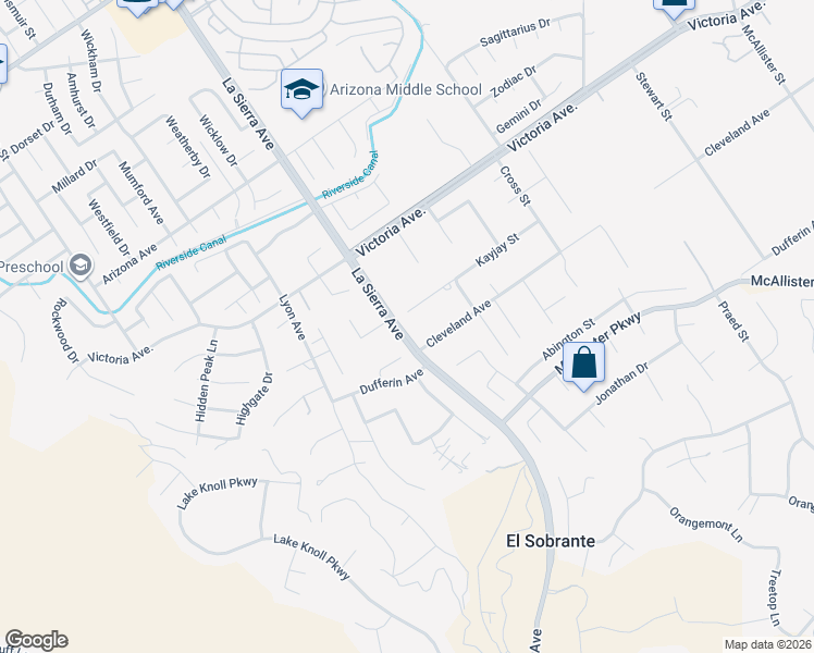 map of restaurants, bars, coffee shops, grocery stores, and more near 11091 Cleveland Avenue in Riverside