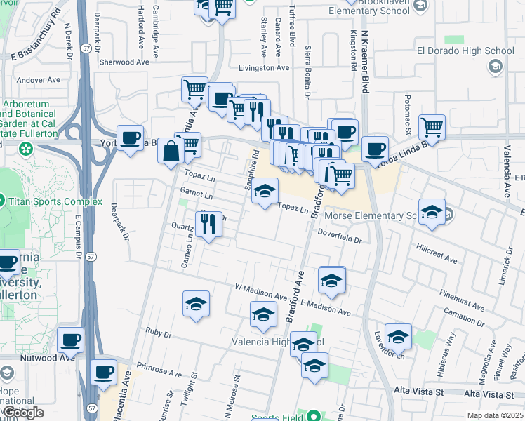 map of restaurants, bars, coffee shops, grocery stores, and more near 3232 Topaz Lane in Fullerton