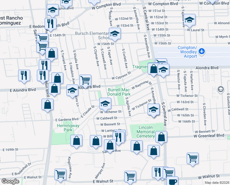 map of restaurants, bars, coffee shops, grocery stores, and more near 916 South Caswell Avenue in Compton