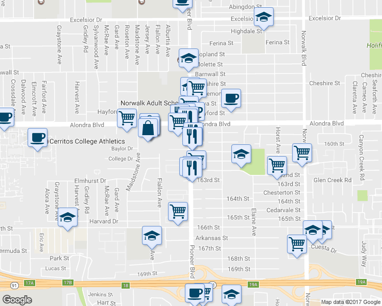map of restaurants, bars, coffee shops, grocery stores, and more near 16123 Pioneer Boulevard in Norwalk