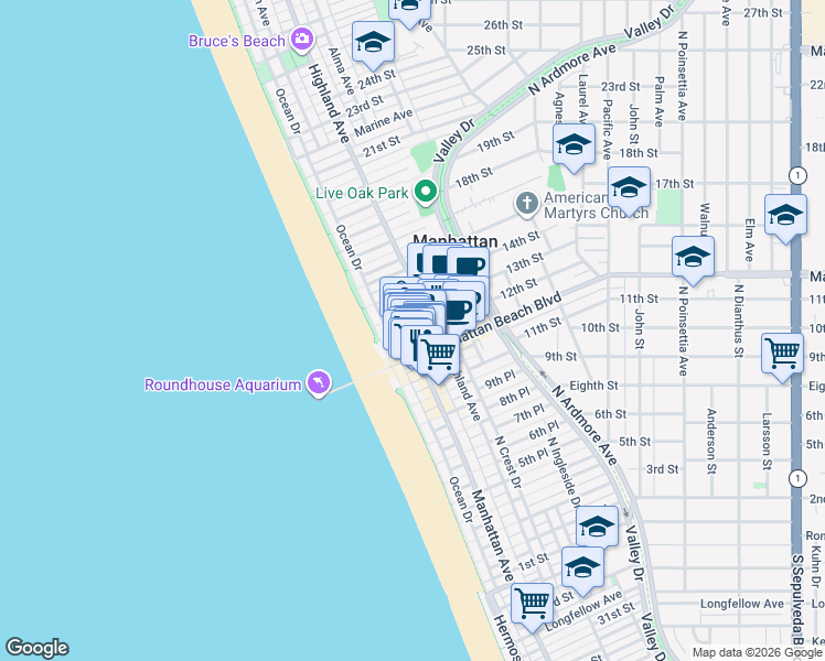 map of restaurants, bars, coffee shops, grocery stores, and more near in Manhattan Beach