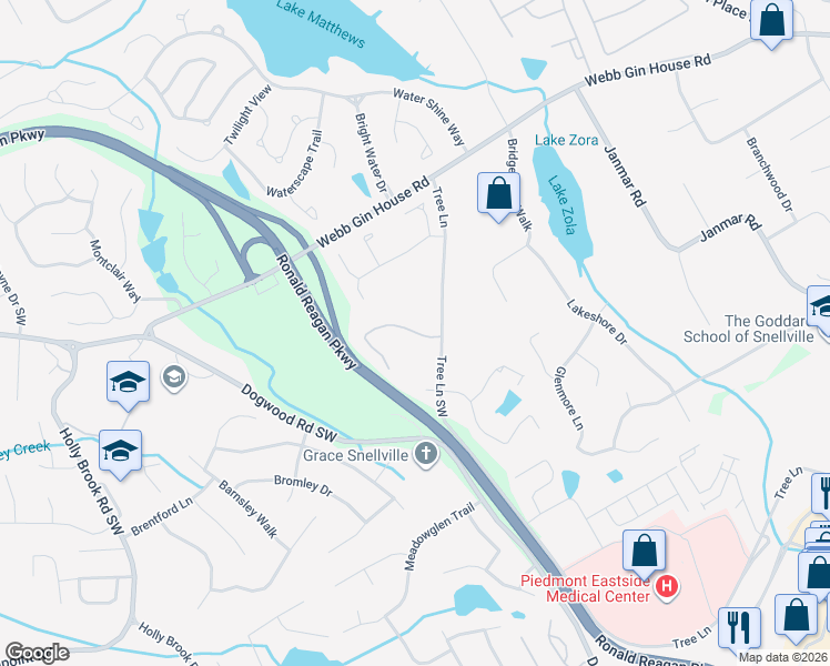 map of restaurants, bars, coffee shops, grocery stores, and more near 2344 Treehaven Drive in Snellville
