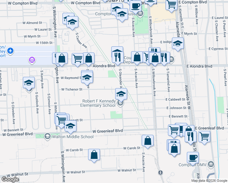 map of restaurants, bars, coffee shops, grocery stores, and more near 420 West Tichenor Street in Compton