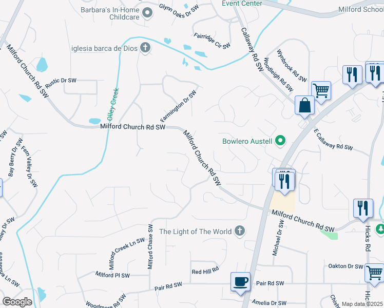 map of restaurants, bars, coffee shops, grocery stores, and more near 3067 Milford Chase Southwest in Marietta