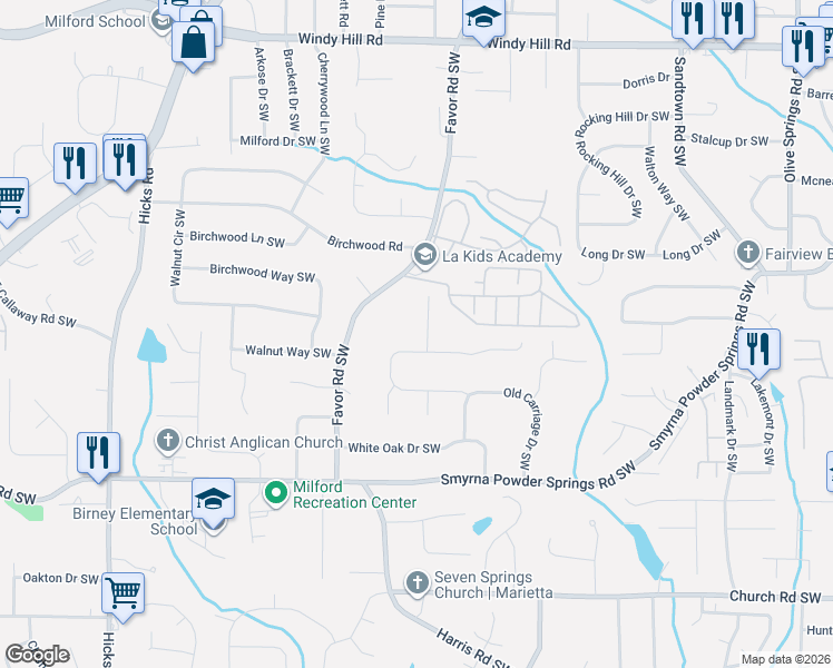 map of restaurants, bars, coffee shops, grocery stores, and more near 547 Shay Drive Southwest in Marietta