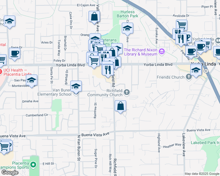 map of restaurants, bars, coffee shops, grocery stores, and more near 17589 Cerro Vista Drive in Yorba Linda