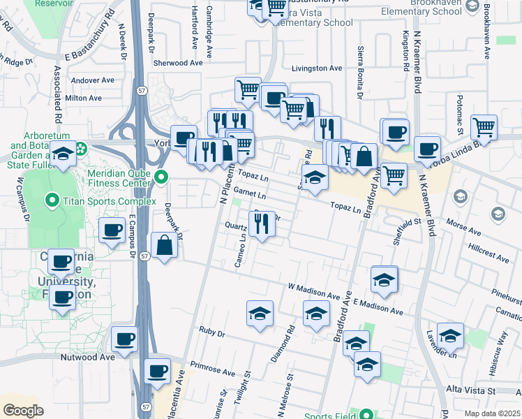 map of restaurants, bars, coffee shops, grocery stores, and more near 3136 Pearl Drive in Fullerton