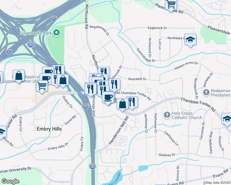 map of restaurants, bars, coffee shops, grocery stores, and more near 3543 Old Chamblee Tucker Road in Atlanta