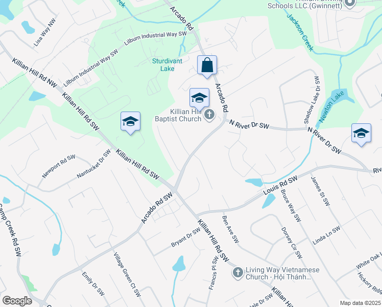 map of restaurants, bars, coffee shops, grocery stores, and more near 289 Arcado Road in Lilburn