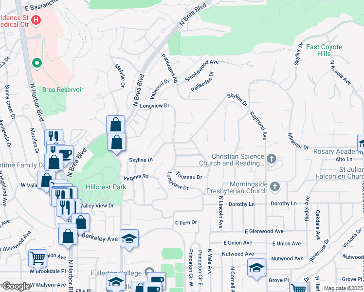 map of restaurants, bars, coffee shops, grocery stores, and more near 701 Miramar Drive in Fullerton