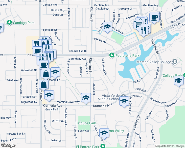 map of restaurants, bars, coffee shops, grocery stores, and more near in Moreno Valley
